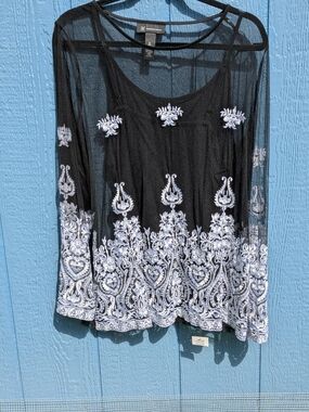 INC International Concepts Black Sheer Tunic with White Embroidered Border